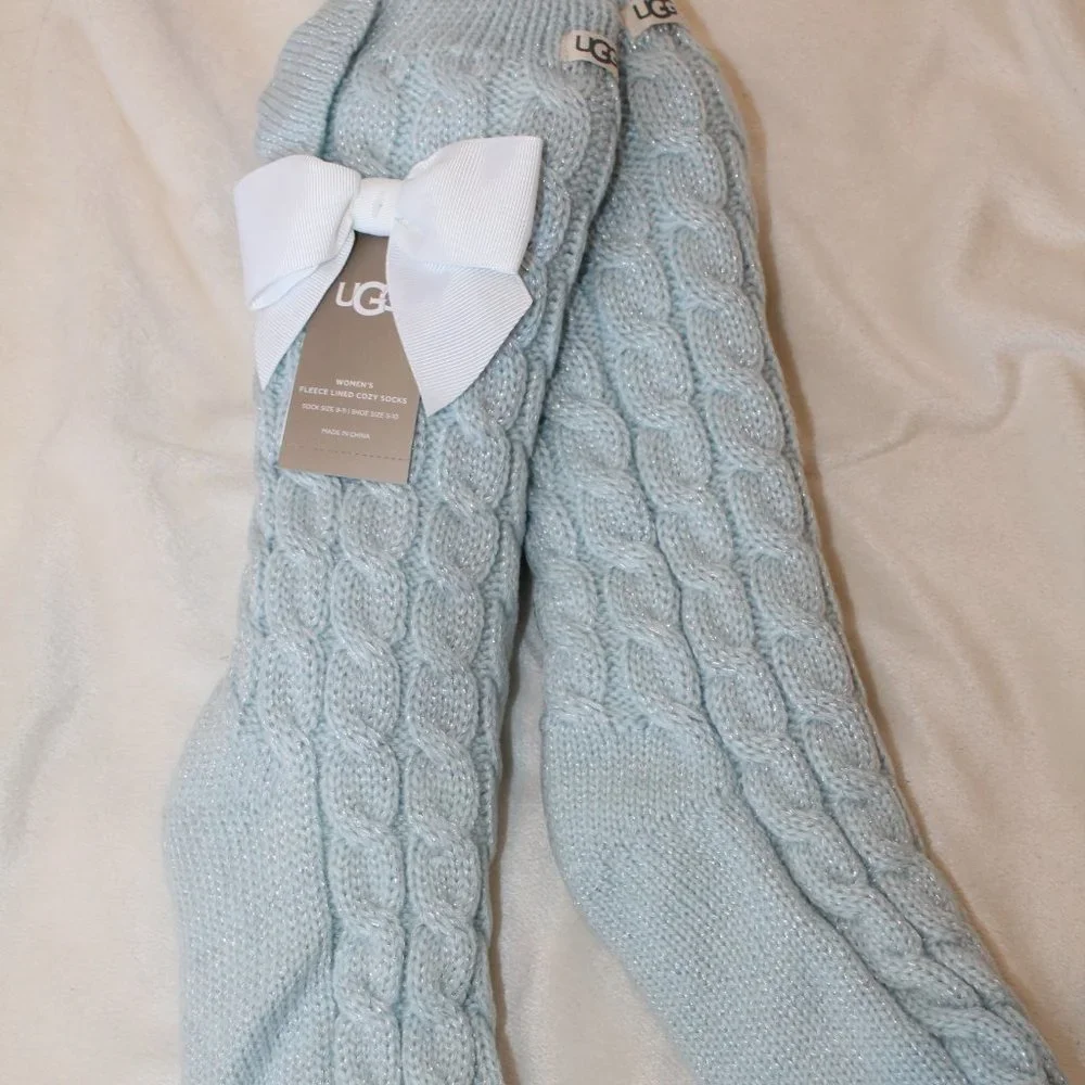 NWT UGG WOMEN'S GIRLS FLEECE LINED SPARKLE BOW‎ SOCKS BLUE